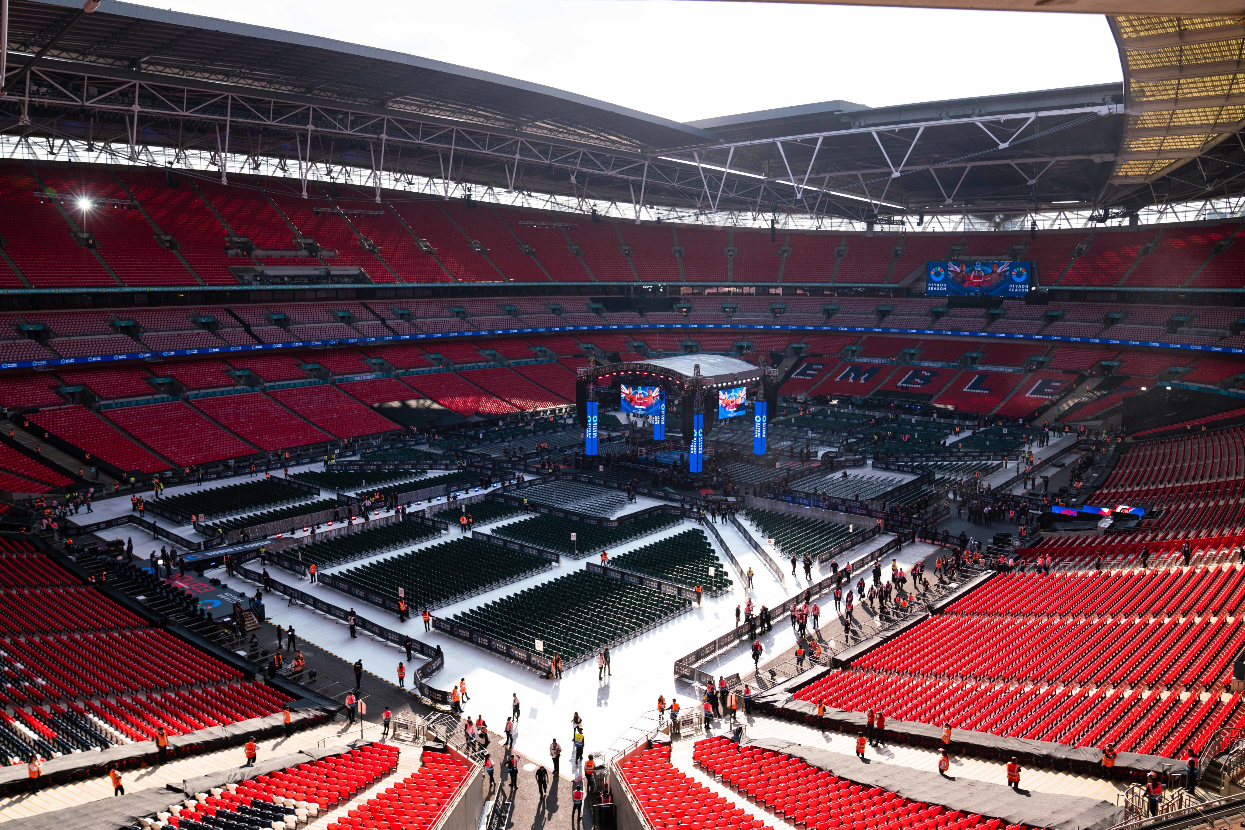 The stadium set up for boxing as the ring is pictured in the middle of the pitch. 